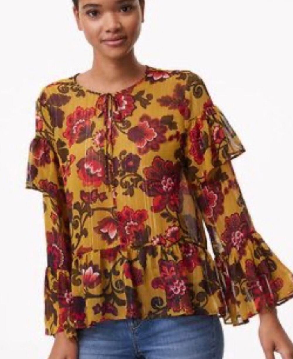 Loft Women's Woodland Bell Sleeve Mustard Yellow Floral Sheer Blouse XXS